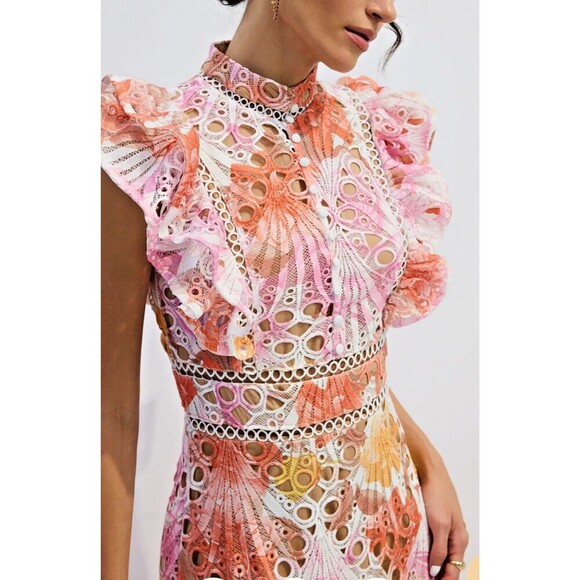 Dalia MacPhee lance Orange pink Hollow short sleeve  luxury Maxi midi Dress  L - Picture 5 of 15